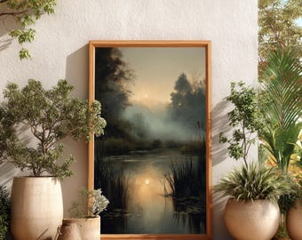 Misty Forest River Wall Art, Moody Woodland Nature Print, Atmospheric Foggy Landscape Oil Painting, Dark Rustic Home Decor | B#58