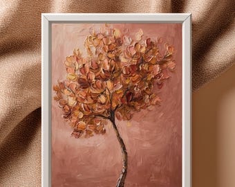 Terracotta Floral Tree Print, Earthy Botanical Oil Painting, Impasto Flower Wall Art, Warm Tone Decor | B#64