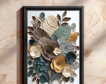 Abstract Botanical 3D Paper Relief Wall Art Print, Neutral Leaf And Floral Decor, Earthy Tones Wabi Sabi Bedroom Wall Decor | B#59