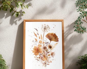 Autumn Wildflower Watercolor Print, Rustic Botanical Wall Decor, Dried Floral Poster, Cottagecore Nature Art | B#63