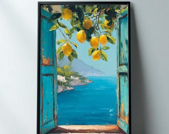 Open Window Sicily Lemon Tree Wall Art, Coastal Mediterranean Oil Painting Art Print, Vibrant Italian Summer Blue Wall Decor | S#1
