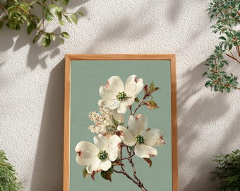 Dogwood Blossom Wall Art Print, Vintage Botanical Floral Decor, Cottagecore Sage Green Nature Art, Antique White Flower Print | B#57.1