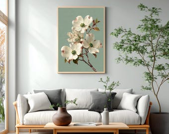 Dogwood Blossom Wall Art Print, Vintage Botanical Floral Decor, Cottagecore Sage Green Nature Art, Antique White Flower Print | B#57.1