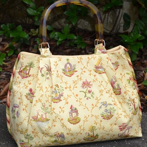 Monedero mediano de algodón con estampado asiático en amarillo, monedero con asa de tortuga, bolso de mano