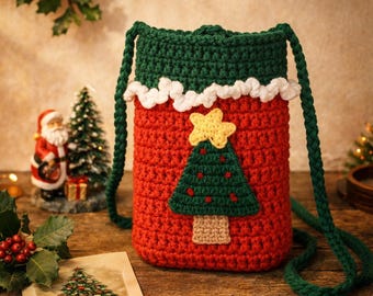 Minibolso navideño tejido a mano, bolso bandolera con diseño de árbol festivo, acogedor accesorio de lana para invierno.