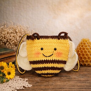 Bolso de ganchillo hecho a mano con forma de abeja, accesorio cruzado de hilo de algodón a rayas amarillas