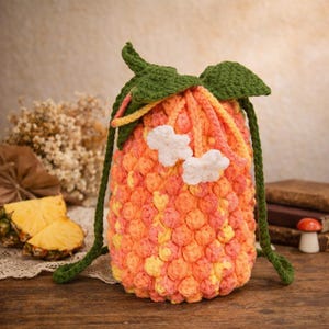 Hand Crocheted Pineapple Drawstring Bag, Fruit Inspired Crossbody Purse