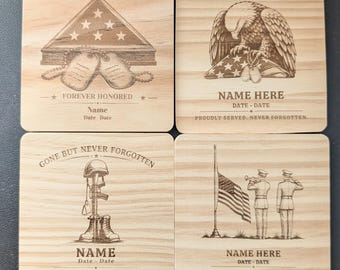 Veteran/Military Memorial Wood Coaster Personalized with Name/Date | Memorial or Gift Keepsake