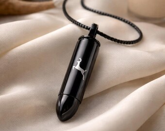 Bullet-Style Cremation Necklace with Deer Design for Ashes, Black Stainless Steel Urn Pendant, Memorial Jewelry Keepsake Necklace