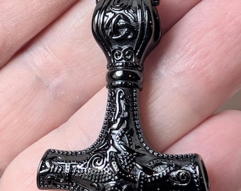 Celtic Norse Viking Mjolnir Thor’s Hammer Cremation Urn Necklace– Black Stainless Steel Memorial Urn Jewelry