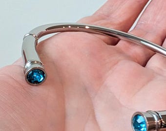 Stainless Steel Cremation Bracelet with Dual Chambers (Bright Blue Faux Stones) - Memorial Urn Jewelry