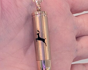 Bullet-Style Cremation Necklace with Deer Design for Ashes, Rose Gold Tone Stainless Steel Urn Pendant, Memorial Jewelry Keepsake Necklace