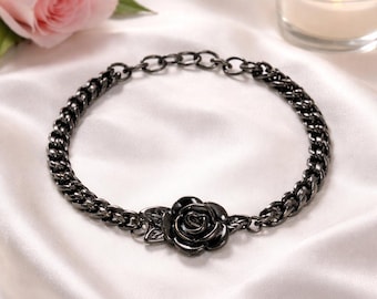 Black Stainless Steel Rose Cremation Bracelet, Memorial Urn Keepsake Jewelry