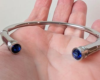 Stainless Steel Cremation Bracelet with Dual Chambers (Dark Blue Faux Stones) - Memorial Urn Jewelry