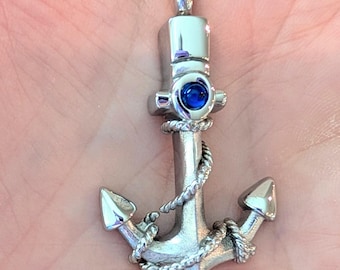 Anchor Cremation Urn Necklace for Ashes - Memorial Jewelry - Blue Crystal