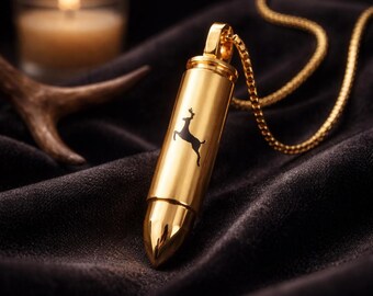 Bullet-Style Cremation Necklace with Deer Design for Ashes, Gold Tone Stainless Steel Urn Pendant, Memorial Jewelry Keepsake Necklace