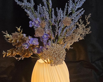 Handcrafted 3D Printed Lamp with Faux Botanical Arrangement, Natural Wood Base, Nature Inspired Home Decor, Cozy Gift for Her