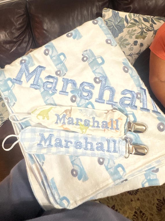 Custom baby boy set: Embroidered Blanket Paci Clips
