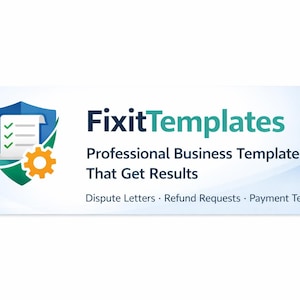 Pode incluir: Banner publicitário para FixitTemplates. O logotipo inclui um escudo azul com uma lista de verificação e um ícone de engrenagem. O texto diz "FixitTemplates Professional Business Templates That Get Results".