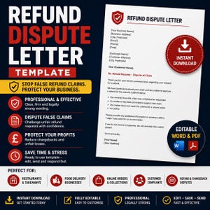 Può includere: Un modello di lettera di contestazione di rimborso in rosso e bianco. Il documento include sezioni per le informazioni aziendali e dei clienti, e un reclamo di controversia pre-scritto. Il modello è progettato per fermare false richieste di rimborso e proteggere le aziende.