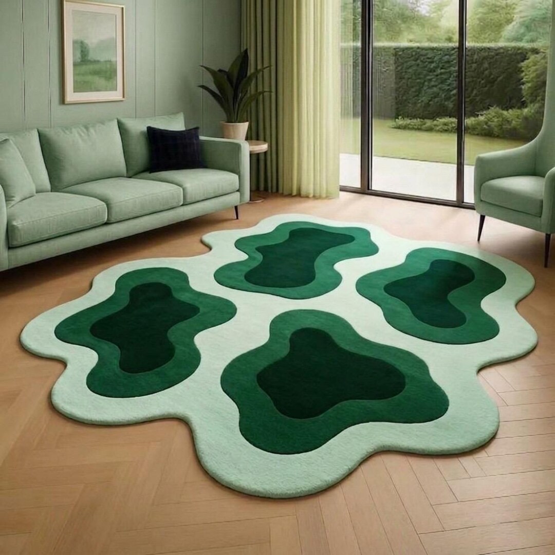 Puddle Rug Shape Forest Green Puddle Rug – Hand-tufted Wavy Abstract Carpet, Mid Century ...