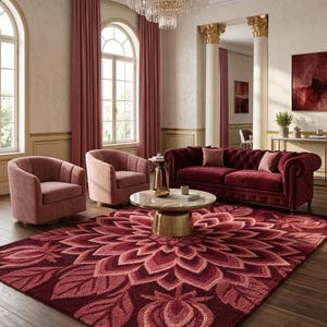 Può includere: Un grande tappeto con un motivo floreale a mandala nei toni del rosso scuro e del rosa, posizionato in una stanza con due poltrone rosa chiaro, un divano capitonné rosso scuro, un tavolino rotondo in marmo con base dorata e un lampadario.