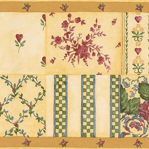 May include: A decorative wallpaper border with a patchwork design featuring floral and plaid patterns. The color palette includes cream, yellow, red, green, and brown, creating a vintage aesthetic. The border is approximately 25 cm wide.