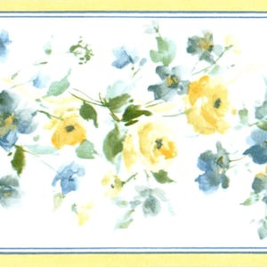May include: Floral wallpaper border with watercolour-style yellow and blue flowers and green leaves on a white background. The border is framed by a yellow and blue striped border.