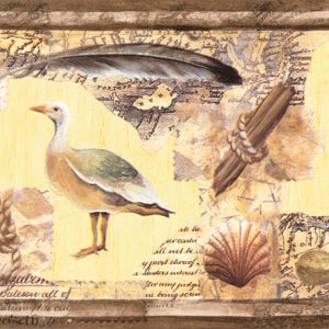 May include: A collage featuring a duck, feather, seashell, and rope against a backdrop of aged paper and map fragments. The color palette includes beige, brown, and cream tones, creating a vintage aesthetic. The image has text fragments.