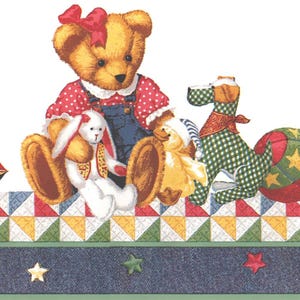 May include: A decorative border featuring a teddy bear, a bunny, a duck, a dog, and a ball. The teddy bear wears a red bow and polka-dot dress. The dog is green and white checkered. The border has a denim and star design.