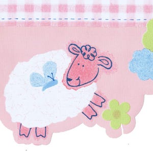 May include: A pink and white illustration of a sheep with a blue butterfly on its back. The sheep is on a pink background with a gingham pattern at the top. A green and yellow flower is in the bottom right corner.