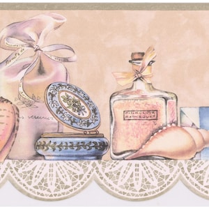 May include: A watercolor illustration of vintage bath and beauty items. A seashell, a powder compact, a bag tied with a ribbon, and a bottle of pink bath salts are arranged on a shelf with a lace trim.