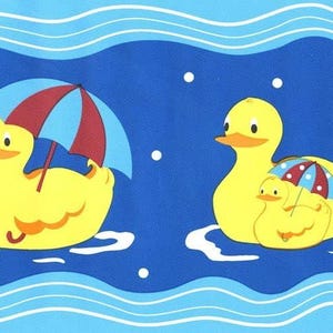 May include: A whimsical illustration features two yellow ducks on a blue background. One duck holds a red and blue umbrella, while the other has a smaller duck with a similar umbrella. White dots and wavy lines add to the playful scene.