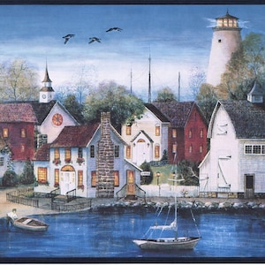 May include: A wallpaper border depicting a coastal village with a lighthouse, church, and houses. A sailboat is on the water, and birds fly overhead. The color scheme includes blues, reds, whites, and browns, creating a serene atmosphere.
