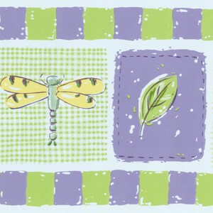 May include: A whimsical pattern featuring a dragonfly and leaf design. The dragonfly has yellow wings and a green body, set against a green checkered background. The leaf is green, and the background is a light blue. The pattern includes purple and green squares.