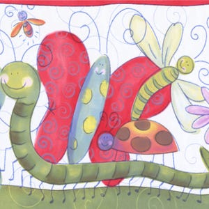 May include: A whimsical illustration featuring a green caterpillar with musical notes, a red and blue butterfly, a ladybug, and a dragonfly. The artwork has a playful, cartoonish style with a white background and decorative swirls.
