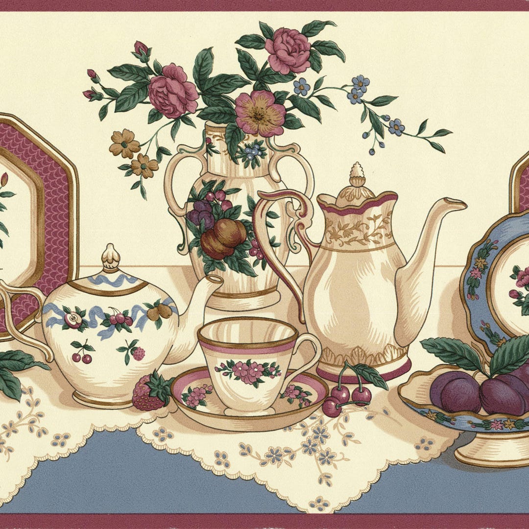 Vintage Tea Garden Wallpaper Border – Floral Teapot Fruit Cottage ...