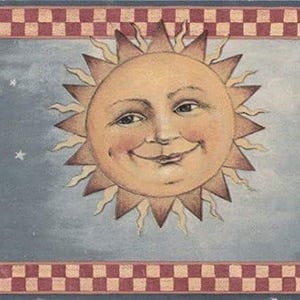 May include: A wallpaper border featuring a central sun with a human face, surrounded by pointed rays. The background is a light blue sky with small white stars. The top and bottom edges have a horizontal band of red and white checkered squares.