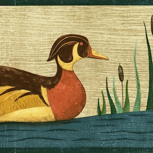 Rustic Pond Duck Wallpaper Border – Nature Inspired Farmhouse Wall Trim (Prepasted)