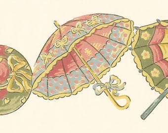 Vintage Umbrellas Hats Wallpaper Border, Cottage Kitchen Dining Room Accent