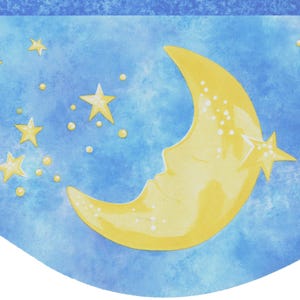 May include: Watercolor illustration of a crescent moon with a face, surrounded by yellow stars and dots on a blue background. The moon and stars have a soft, dreamy appearance, evoking a celestial theme.