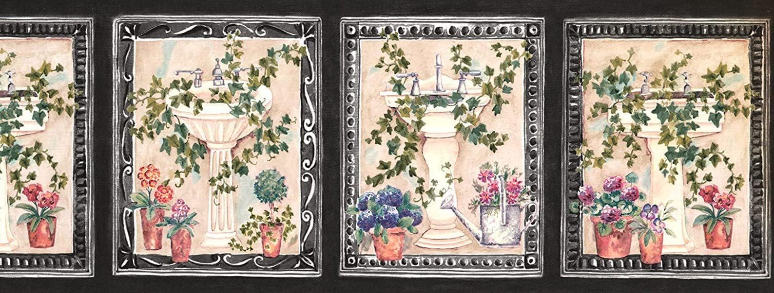 Vintage Cottage Sink Wallpaper Border - Ivy and Potted Flowers Bathroom ...