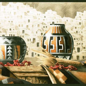 Bordo per carta da parati con motivo rustico di mais, peperoncino e decorazioni in stile fattoria del sud-ovest americano.