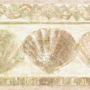 May include: A textured wallpaper border featuring a repeating pattern of seashells in shades of brown, beige, and green. The design includes a wavy top border and a lower border with small rectangular shapes.