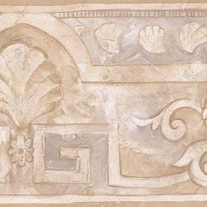May include: A decorative wallpaper border featuring a repeating pattern of stylized seashells, scrolls, and architectural elements in shades of beige, tan, and gray. The design has a textured, aged appearance, evoking a classical or vintage aesthetic.