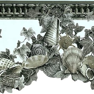 May include: Decorative wallpaper border featuring seashells, ivy leaves, and ornate architectural details in shades of gray and silver. The design includes various shell shapes and textures, creating a coastal or nautical theme.