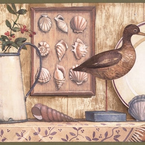 May include: A decorative image featuring a wooden bird, seashells, and a framed collection of seashells. A white pitcher with red berries and a decorative shelf with a floral pattern complete the coastal theme.