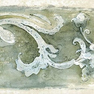 May include: A decorative border in a watercolour style, with a repeating pattern of white, stylised floral and scroll elements against a muted green and beige background. The design has a textured, aged appearance.