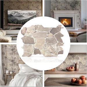 May include: A rectangular wall tile sheet featuring a mosaic pattern of irregular, flat, earth-toned stones in shades of beige, tan, and gray. The individual stone pieces are arranged with thin grout lines, creating a natural, textured surface appearance.