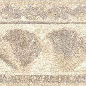 May include: Cream-colored wallpaper border with a repeating pattern of stylized hearts and scallop shapes. The design features a textured, distressed appearance with muted gray and beige tones, creating a vintage aesthetic.